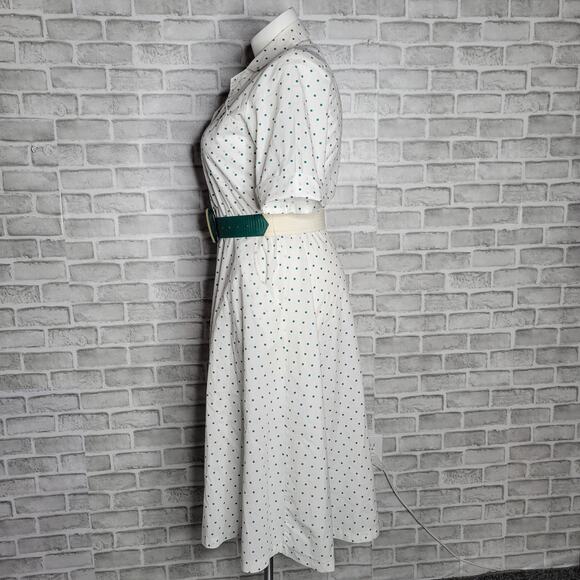 80s White & Teal Polka Dot Shirt Dress, size 10 - Picture 5 of 7
